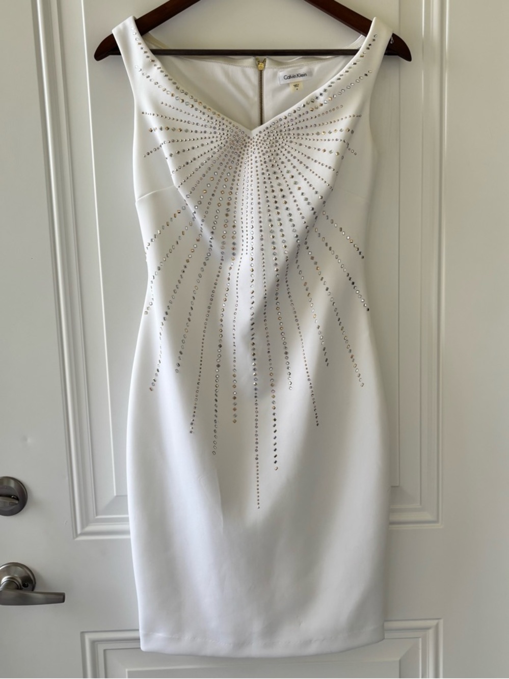 Calvin Klein White Crystal-Embellished Sheath Midi Dress